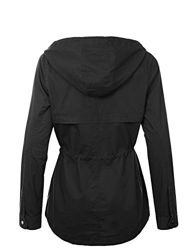 LE3NO Womens Lightweight Solid Anorak Hoodie Jacket with Drawstring Waist, Black, Small - Thumbnail 3