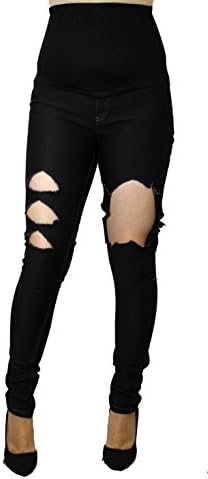 Trendy Maternity Skinny Jeans With Elastic Faux Pocket Belly Band Ripped (xl, Black Skinny)