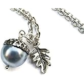 Personalized Acorn Necklace With SMALL Oak Leaf, Designer Faux Pearl Necklace, Antiqued Silver Jewelry, Autumn Nature, CHOOSE Color