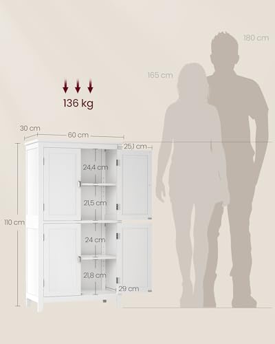 VASAGLE Armário para Banheiro, Armário de Cozinha Independente, com 4 Portas, Prateleiras Ajustáveis, 30 x 60 x 110 cm, Branco BRBBC552P31V1