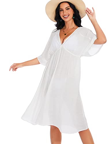 BREEZY LANE LONG BEACH DRESSES FOR WOMEN WHITE V NECK SHORT SLEEVE SWIMSUIT COVERUP RESORT WEAR FOR VACATION