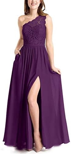 LOVEONLY Women's One Shoulder Top Lace Appliques Chiffon Skirt A-Line Floor Length Bridesmaid Dress Prom Gown