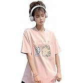 Women's Cute Cat Cartoon Print T-Shirt Kawaii Oversized Graphic Tees Y2K Men's Short Sleeve Tees Grunge Clothes