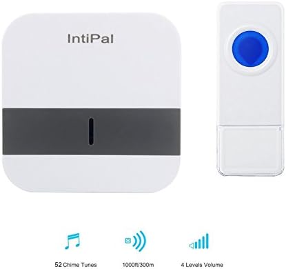 Portable Wireless Doorbell Kit - IntiPal Doorbell Set 1000 Ft Operating 52 Chimes Volume Adjustable Plugin No Batteries Required for Receiver IP55 Waterproof Transmitter with Push Button