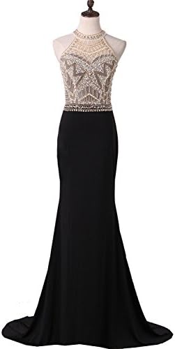 Women Beaded Spandex Long Mermaid Prom Dresses Halter Neck Black 2018 2
