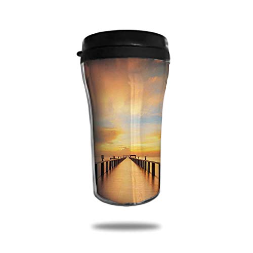 Stainless Steel Insulated Coffee Travel Mug,Spill Proof Flip Lid Insulated Coffee cup Keeps Hot or Cold 8.45 OZ(250 mlï¼‰Customizable printing byArt,Wood Deck Bridge along the Sea at Sunset Horizon with