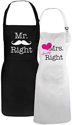 Kwieema Mr Right Mrs Always Right Heart Aprons Wedding Gifts for Couples His and Hers Kitchen Cooking Bibs Engagement Anniversary Presents for Parents Aprons
