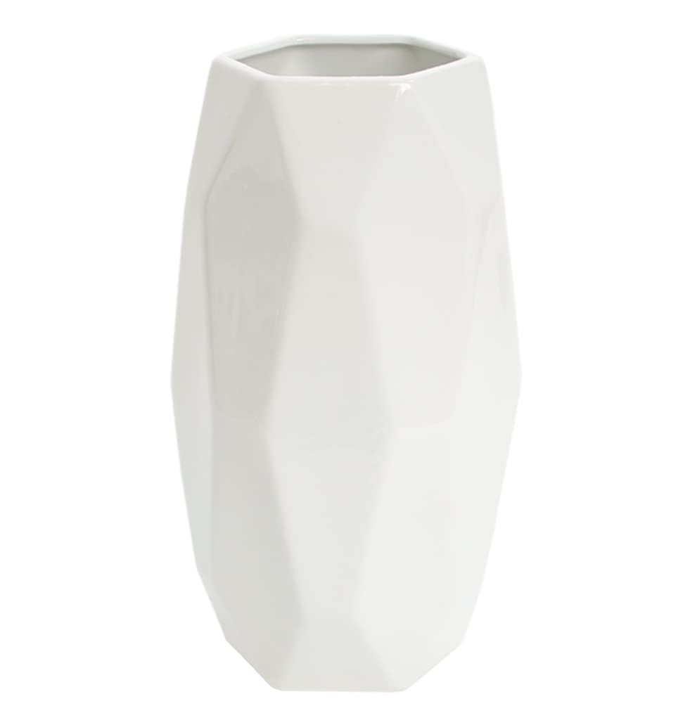 Tall 8 Inch Glossy White Ceramic Vases for Modern Home Decor, 20 CM Tall Small Geometric Design Decorative Flowers Vase with Opening of 7 CM
