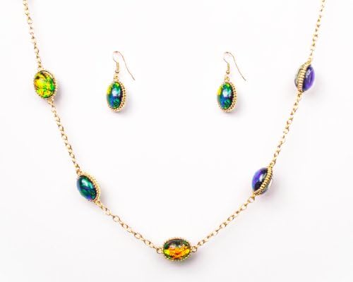 Multi Color Stone Necklace - Chain Necklace and Matching Drop Earrings 48 Inch Long