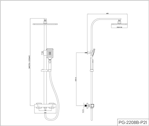 YOOZENA Black Thermostatic Shower Column, Bath Showers Column Height Adjustable with Tap, Shower Head with Hose, Square Rain Effect 29 x 19 cm