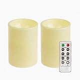 GiveU Flameless Set of 2 (D 3" x 4'') Battery Operated LED Pillar Plastic Flickering Candles with Remote Control Timer, for Christmas Home Indoor & Outdoor Decoration, Pack of 2, Ivory