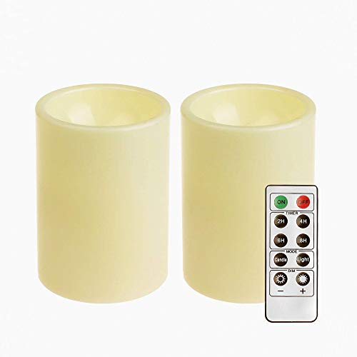 GiveU Flameless Set of 2 (D 3" x 4'') Battery Operated LED Pillar Plastic Flickering Candles with Remote Control Timer, for Christmas Home Indoor & Outdoor Decoration, Pack of 2, Ivory