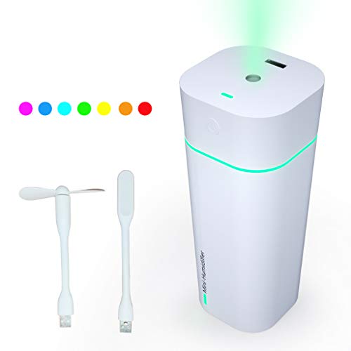 NUMIFUN Portable Humidifiers 240ml Ultrasonic Cool Mist Mini USB Humidifier with USB Fan and Light Accessories Auto Shut-Off with 7 LED Color Light for Bedroom Home Office Car Travel Plant (White)