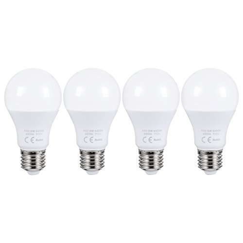 LED Light Bulbs Daylight White, 6 Watt ( 60-Watt Incandescent Bulbs Equivalent) LED Lights, 6400K Daylight White LED Bulbs, Medium Screw Base, 240 Degree Beam Angle LED Home Lighting ( Pack of 4)