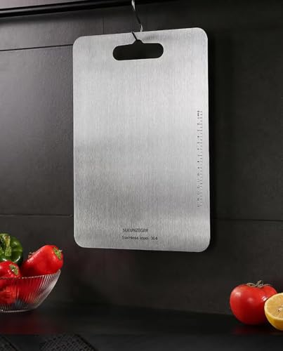 Stainless Steel Cutting Board, Titanium Chopping Boards for Kitchen, SUS 304 Large Chopper for Meat, Dishwasher Safe, with Handle & Scale, Easy Clean, ستانلس ستيل تقطيع, Solid Cookware, (36*25*0.2 cm)