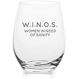W.I.N.O.S. Women In Need Of Sanity – Cute Funny Stemless Wine Glass, Large 16 Ounce Size, Etched Sayings, Gift Box
