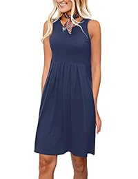 PAPOSON Vestido sin mangas plisado suelto casual con bolsillo verano Swing Tank