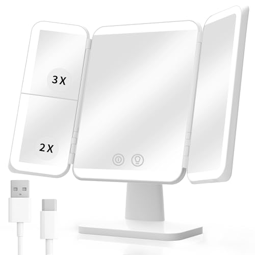 SIMETRA Vanity Mirror with Lighting & Touch Screen, 15.6-inch Rechargeable Trifold Standing Mirrors with 3 Color & Adjustable Brightness, Foldable 3000mAh Cordless Makeup Mirror or Trave,Bedroom,White
