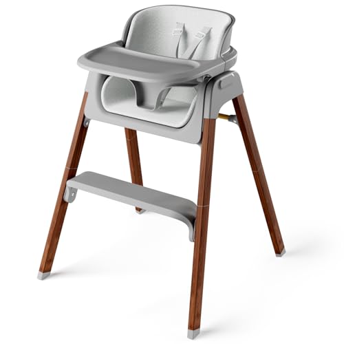 Fodoss Baby High Chair, Foldable Convertible, 5-Point Harness, Easy Clean Wood-Printed Metal Frame with Removable Tray, for Family (Gray & Walnut Wood-Printed Metal)