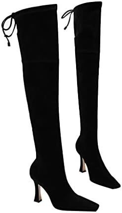 女性の膝太ももの高い低ブロックヒールブーツ 膝太ももの高い冬のブーツ上の女性のスエード サイドジッパー付きセクシーな巾着ストレッチブーツ フラットローヒール太ももの高いブーツ Color Black Size Eu 39 Us 7 Uk 6 Jp 24 5cm Greenlightproductions Co In