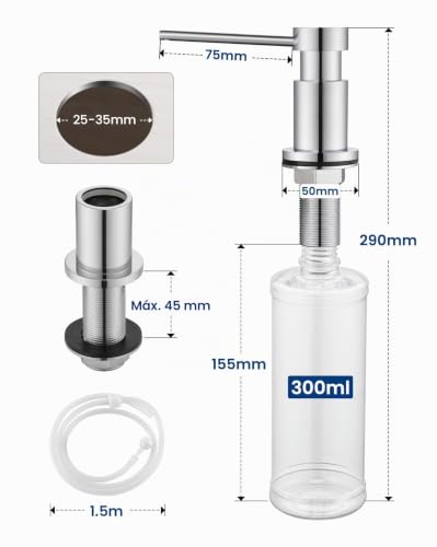 Sofetiy Undercounter Kitchen Soap Dispenser, Durable Kitchen Soap Dispenser with Stainless Steel Nuts 304 (without Plastic), 300 ml Bottle and 1.25 m Extension Silicone Tube, Chrome
