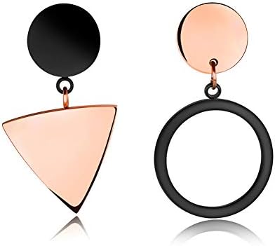 Aruie Stud Earrings Girls Women Stainless Steel Circle Triangle Geometric Rose Gold Black Plated Bicolor Asymmetrical Anti-Allergic Drop Earring Jewellery