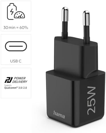 Chargeur Rapide 25W USB C, Super Mini, Compatible iPhone, Samsung, PD et Qualcomm Quick Charge QC 3.0, Recharge Optimisée, SoC Utra Compact, Noir