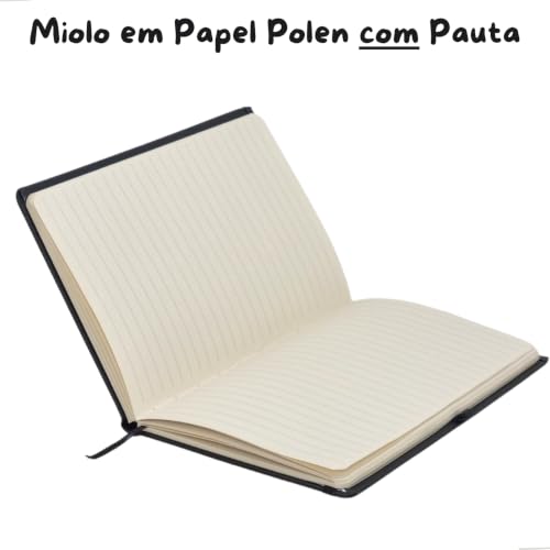 Caderneta A5 Tipo Moleskine Executiva, Capa em Couro Sintético Premium, com Elástico para Fechar, Fita Marca Páginas e Porta Caneta (Preto com Pauta)