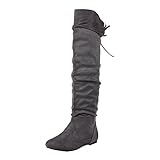West Blvd Womens BANGKOK THIGH HIGH Boots Over The Knee Flat Heels Winter Faux Suede Leather Shoes, Grey Suede, 10