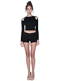 HIKA Women's Fashion Long sleeve Stretchy Off-shoulder Crop Top Medium Black