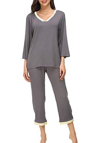 Invug Women 3/4 Long Sleeve Shirt Pants Set Sleepwear V Neck Long Pajamas Loungewear Grey XL