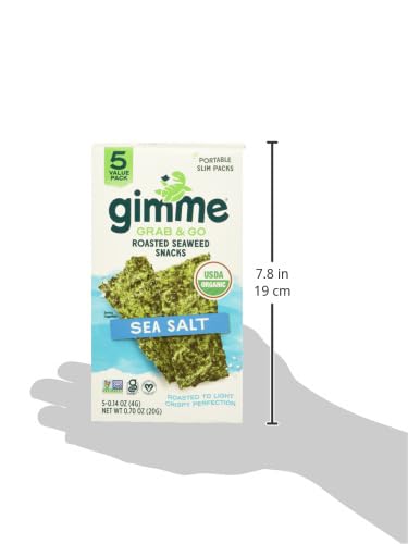 GIMME GRAB & GO ROASTED SEAWEED SNACKS, SEA SALT, PORTABLE SLIM PACKS, VEGAN, USDA CERTIFIED ORGANIC, GLUTEN FREE & NON-GMO, 5 VALUE PACK, 0.7 OUNCE (PACK OF 6)