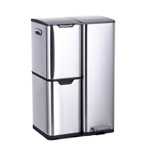 Relaxdays bin, 3 compartments, 60 L, removable inner buckets, soft close, foot pedal, stainless steel, silver