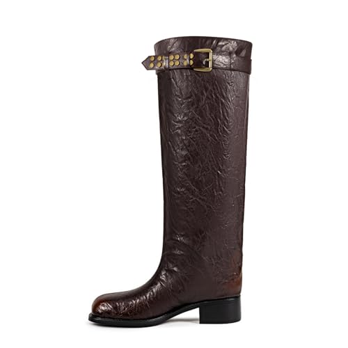 TNOYG Women's Vintage Wide Calf Knee High Boots Square Toe Low Block Heel Pull On Riding Boots with Metallic Buckle, Brush-off Leather Comfort Boots_brown_10.5 at Amazon