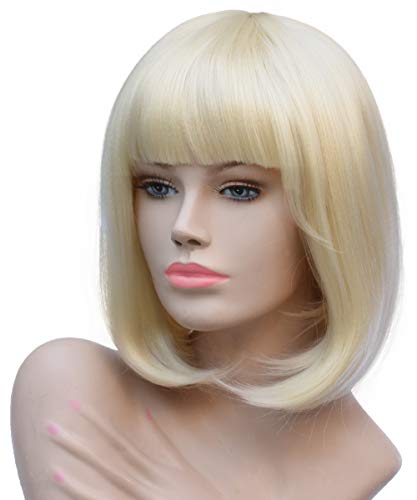 Daiqi Short Platinum Blonde Bob Wigs for White Women 12'' Quality Heat Resist Synthetic Cosplay Wigs Natural Looking Luster Platinum Blonde Wig with Bangs (Light Blonde)