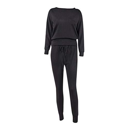 Dreamyth-Winter 2Pcs Women Solid Tracksuit Sweatshirt Regular Sleeve Long Pants Sport Lounge Wear Suit Sets (Black, S:Bust:98cm/38.6'') - Thumbnail 2