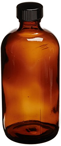 JG Finneran D0161-8 Amber Borosilicate Glass Standard Boston Round Bottle with Black Phenolic Closure, PE Cone Lined, 24-400mm Cap Size, 8oz Capacity (Pack of 12)