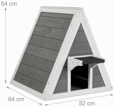 Casa Gatos, Casita Mascotas Madera, para Exterior, 54 x 52 x 64 cm, 2 Entradas, Techo Puntiagudo, Gris/Blanco