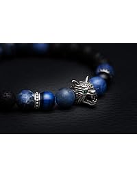 Karseer Viking - Pulsera con cuentas de cristal curativo y cabeza de lobo para alivio del estrés, antiansiedad, energía