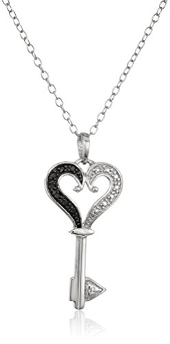 Sterling Silver Black Diamond Heart Key Pendant Necklace, 18"