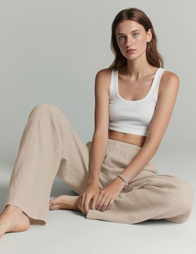 Rapbin Linen Trousers Womens Wide Leg Pants for Women UK Ladies Summer Casual Elasticated Waist with Pockets