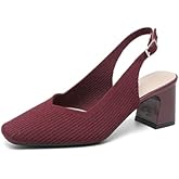LVOMU Women's Knit Slingback Heels Pumps with Adjust Ankle Strap Fashion Breathable Closed Square Toe Chunky Heel Mules Sandals Work Office Wedding Dressy Shoes