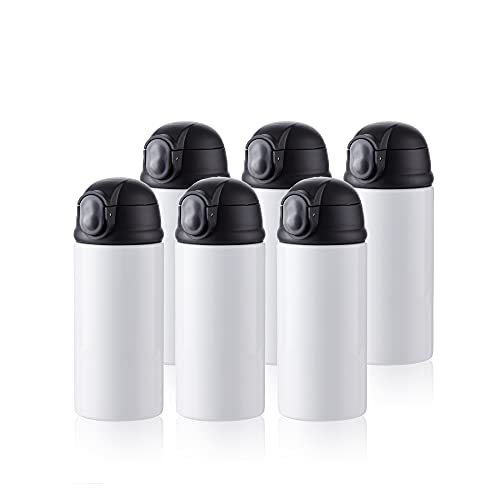 PYD Life Sublimation Blanks Kids Water Bottle 12 OZ White Straight Skinny Kids Tumbler Sippy Up Cup with Pop Black Lid for Tumbler Heat Press Machine Sublimation Print 6 Pack