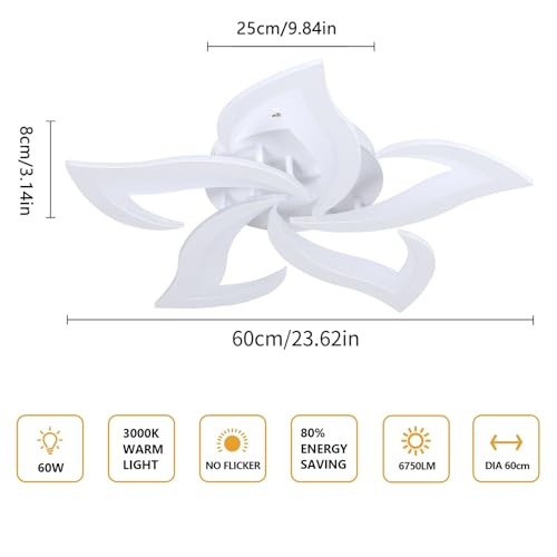 Comely Lampadario LED Soffitto Moderno, 60cm 60W 6750LM Plafoniera LED Soffitto, Fiore Moderna Acrilico Lampada da Soffitto per Camera da Letto, Soggiorno, luce bianca calda 3000K, Bianco