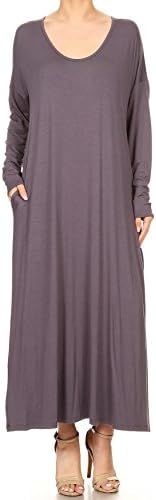Women's Casual Short Sleeve and Long Sleeve Side Split Maxi Dresses with Pockets(DWMM001/DWMM001L) (XLarge, 001L_Charcoal)