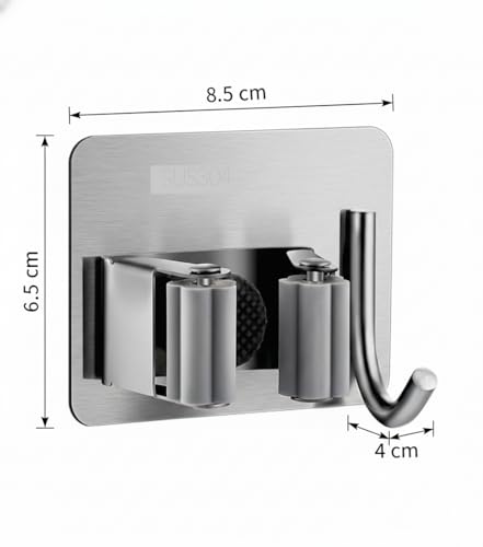Kit com 2 Suportes de Parede Inox para Vassouras e Rodos e Gancho | Fixação Sem Furos, Organização Forte e Durável, Suporta 5Kg, Multiuso