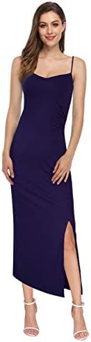 GlorySunshine Women's Spaghetti Straps Blackless Vintage Ruched Split Side Cocktail Party Maxi Dress with Pockets