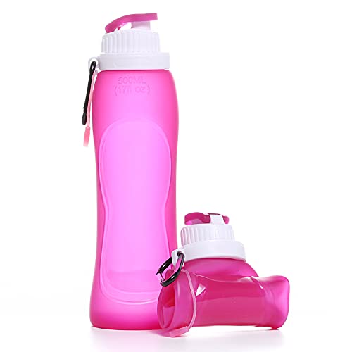 Omana 500ml Collapsible Silicone Water Bottle – BPA-Free, Lightweight, Leakproof, Foldable with Carabiner for Travel, Gym, Cycling, Hiking, School, Outdoor Activities (Pink)