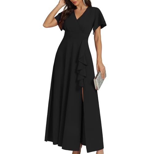 COOAN Women's Black Long Formal Dresses, Cocktail Dresses, Wedding Guest Dresses, Ruffle Division, Elegant V Neck, Party Dresses