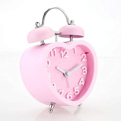 Twin Bell Alarm Clock,Heart-Shaped Children's Double Bell Alarm Clock Stainless Steel Mini Silent Clock Stereo Table Clock,Pink (Pink)